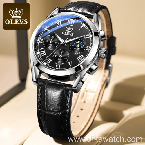 OLEVS Watch 2871 Multifunctional Sports Fashion Genuine Leather Wristwatch Chronograph Waterproof Luminous Men's Watch